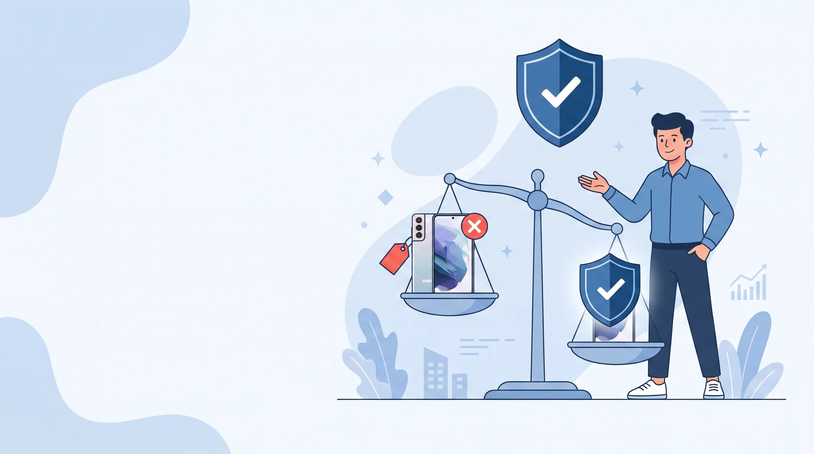 Samsung Care+ vs. unabhängige Handyversicherung im Vergleich – Waage mit Samsung Galaxy Smartphone und blauem Schutzschild